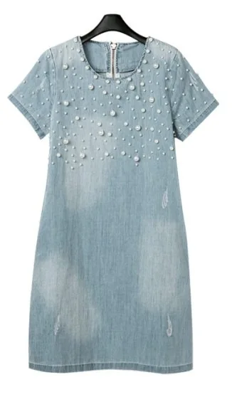 Plus Size - Denim Jeans Pearl Beaded Casual O Neck Long Shirt / Mini Dresses (Us 4 - 22W)