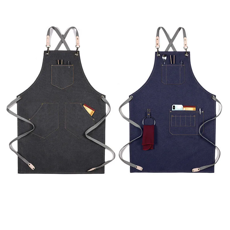 

18 Colors Canvas Hanging Neck Apron Unisex Adjustable Leather Chef Waiter Barber Barista Overalls Home Anti-fouling Pinafore