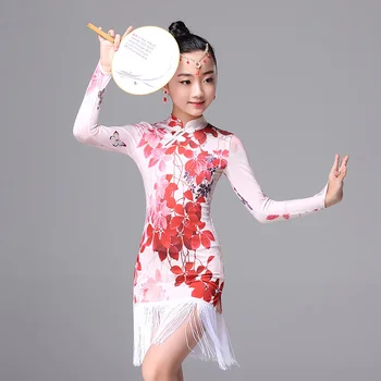 

New Arrival Latin Dance Dress For Girl Red Print Skirt Ice Silk Wear Classical Child Stage Standar Novel Vintage Dresses M7138