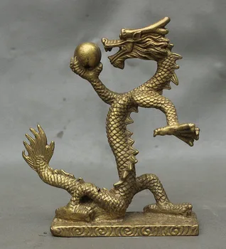 

Folk Chinese FengShui Copper Brass Year Zodiac Dragon Play Ball Statue Figurine
