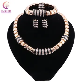 

New Fashion Dubai Bridal Gift Black Enamel Necklace Wedding Brand Gold Jewelry African Charm Women Crystal Jewelry Sets