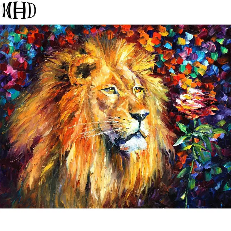 diy diamond painting lion crystal full & round diamond embroidery color