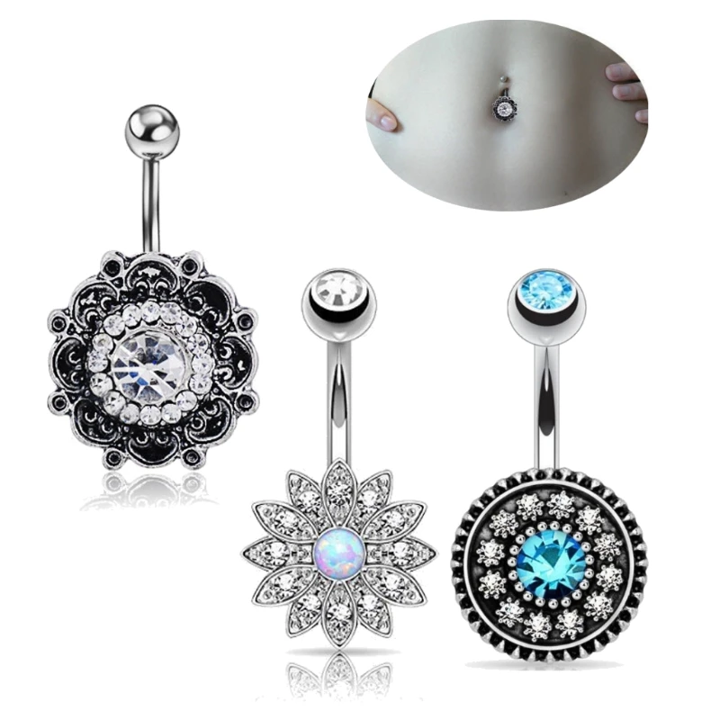 Crystal Fashion Rhinestone Round Flower Dangle Barbell Belly Navel Ring Bar For Women Sexy Body