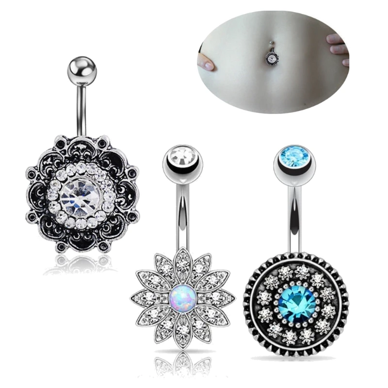 Crystal Fashion Rhinestone Round Flower Dangle Barbell Belly Navel Ring Bar For Women Sexy Body 