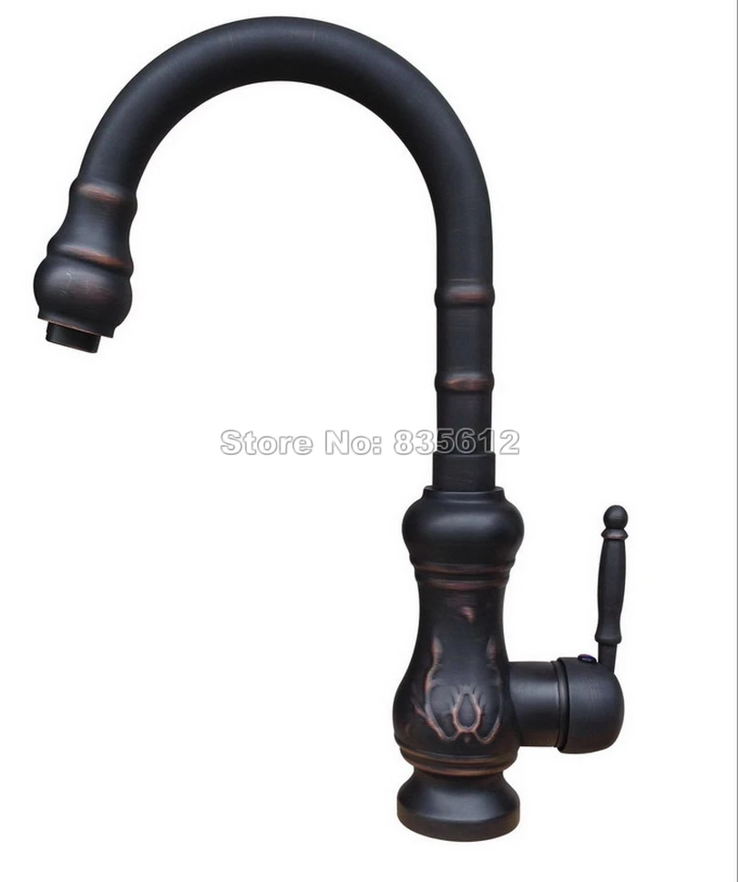 Black Oil Rubbed Bronze Gooseneck Style Swivel Spout Kitchen Sink Faucet Single Handle Mixer Taps Deck Mounted Wsf111