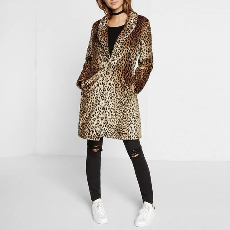 Женское пальто больших размеров, пальто коричневого цвета с леопардовым принтом, зимнее теплое тонкое длинное пальто с искусственным мехом