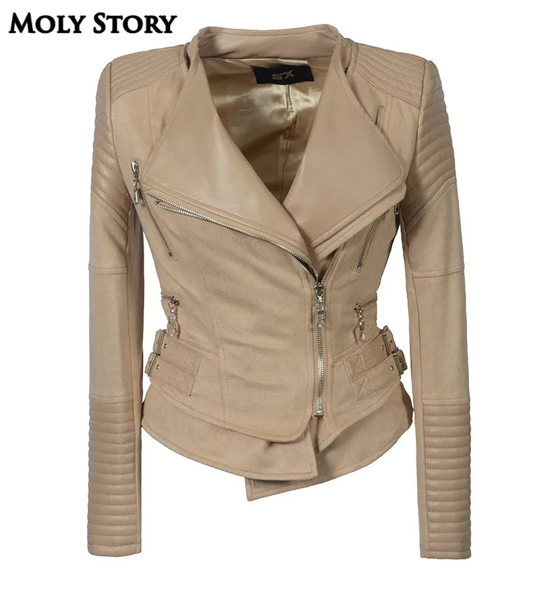 

Steampunk Motorcycle Khaki/Black Leather Jackets Women Oversized Suede Patchwork PU Jackets