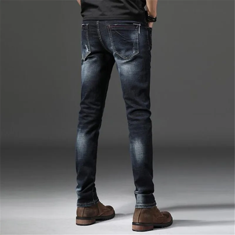 Осенне-зимняя обувь новые высококачественные растянуть джинсы мужские, ретро темно-синие модные тонкие повседневные джинсовые мужские