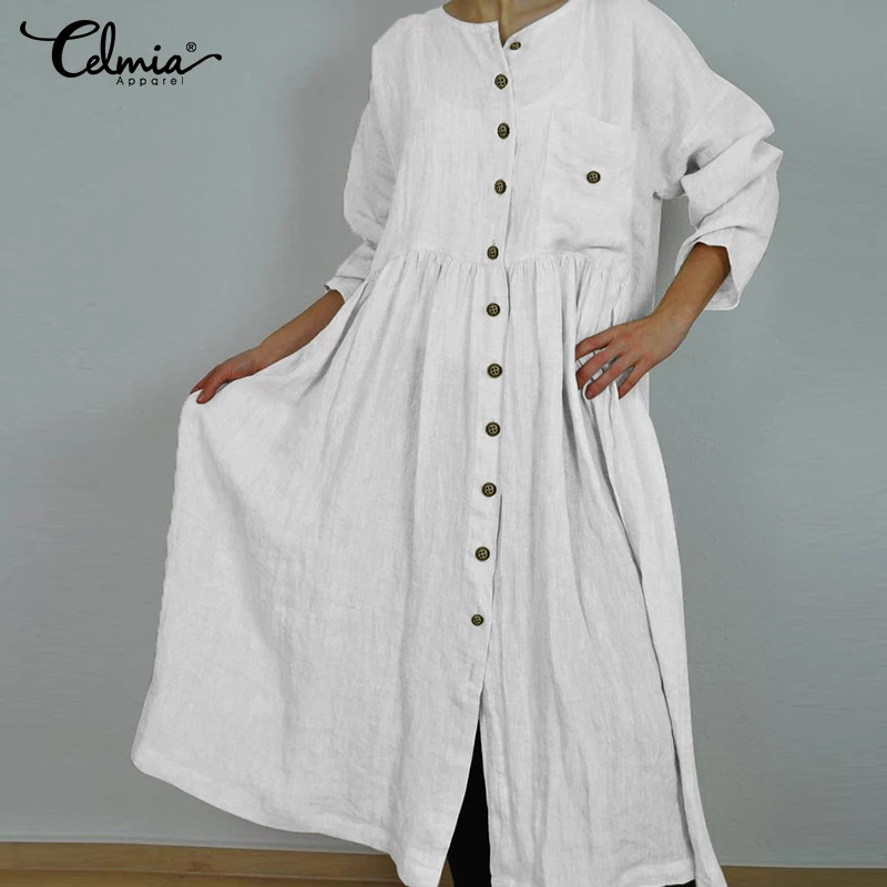 

Celmia 2019 Autumn Dress Women Vintage Long Maxi Bodycon Dresses Long Sleeve Casual Loose Buttons Party Vestidos Plus Size S-5XL