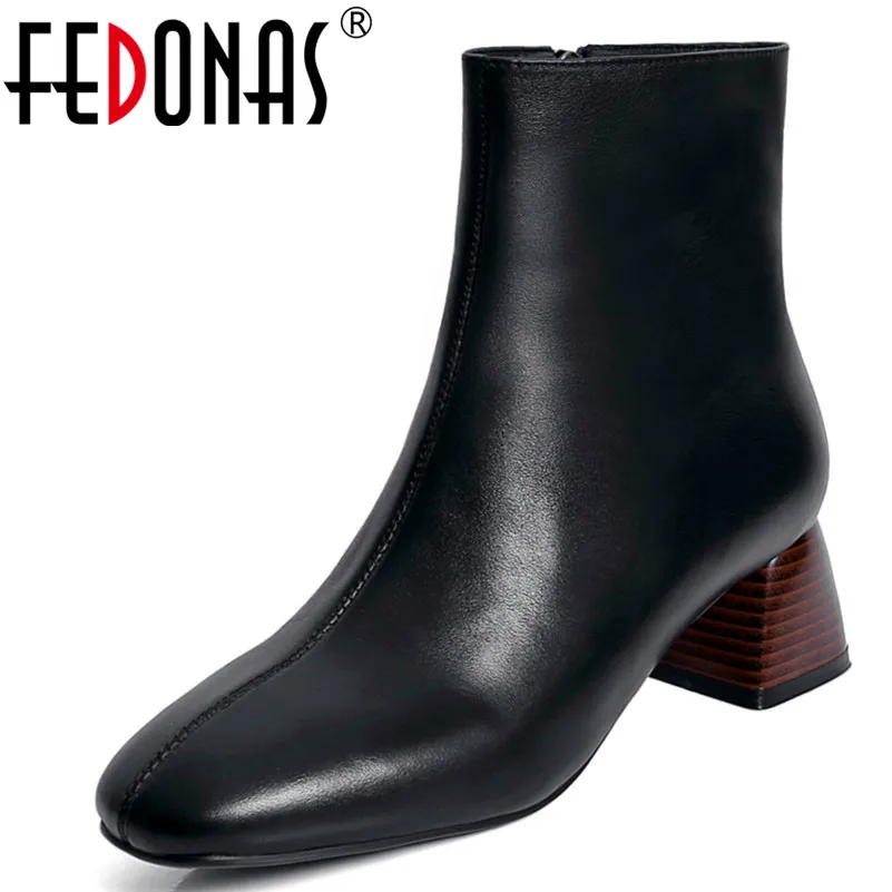 

FEDONAS1New Arrival Women Ankle Boots Genuine Leather High Heels Shoes Autumn Winter Warm Zipper Concise Square Toe Martin Boots
