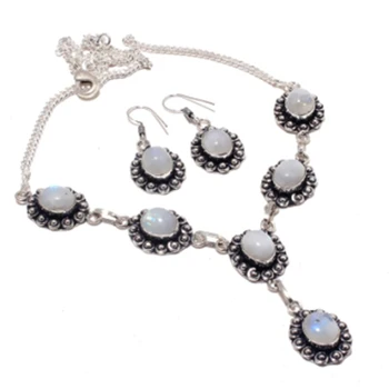 

Rainbow Moonstone Necklace Earing Silver Overlay over Copper , 47cm, FRN0042