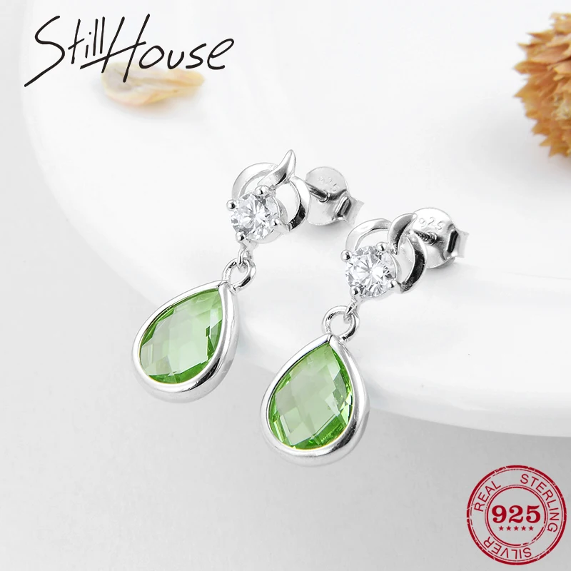 

Authentic 925 Sterling Silver charming green Dazzling CZ Dangle Earings for fashion women accessories earrings Handmade Gift