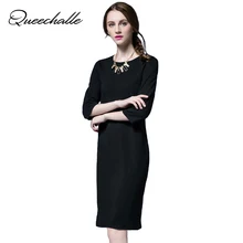 Black Color Women Dress Autumn Spring O Neck 3/4 Sleeve Loose Mid Long Dresses L XL XXL 3XL 4XL 5XL Plus Size Female Vestidos