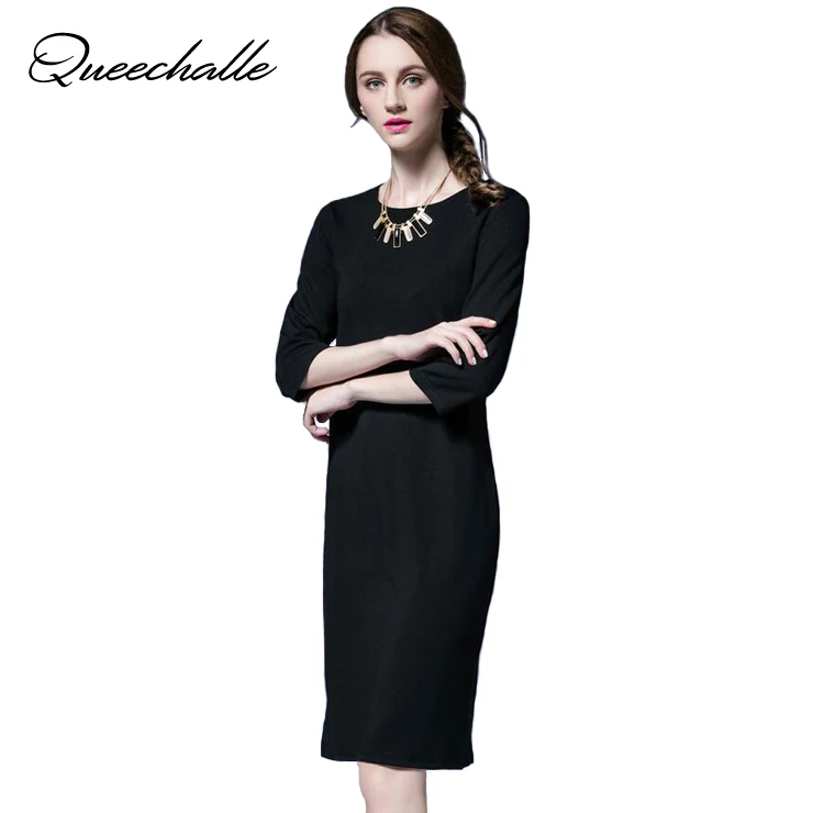 Queechalle Women Dress Autumn Spring O Neck 3/4 Sleeve