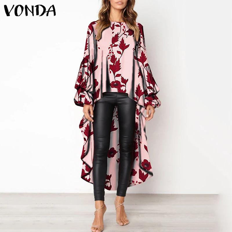 

VONDA 2019 Streetwear Women's Blouse Asymmetrical Tops Floral Printed Tunic O Neck Long Shirts Female Casual Blusas Plus Size