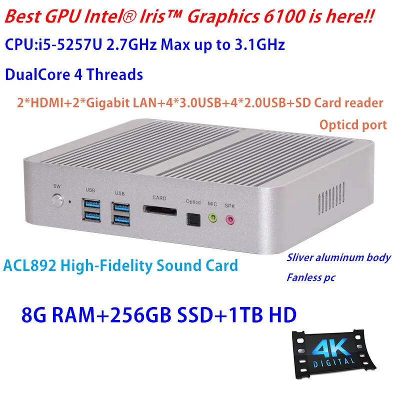 Top GPU Iris HD 6100 Broadwell Intel Core i5-5257u Fanless Gaming Mini PC with 8GB RAM+256GB SSD+1TB HDD HTPC Hi-Fi Sound Card
