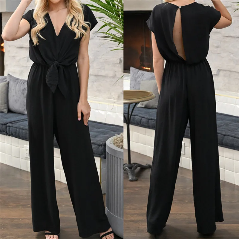 

2019 Fashion Jumpsuit Women V Neck Short Sleeve Summer Jumpsuit Office Work Wear Elegant Wide Leg Jumpsuits