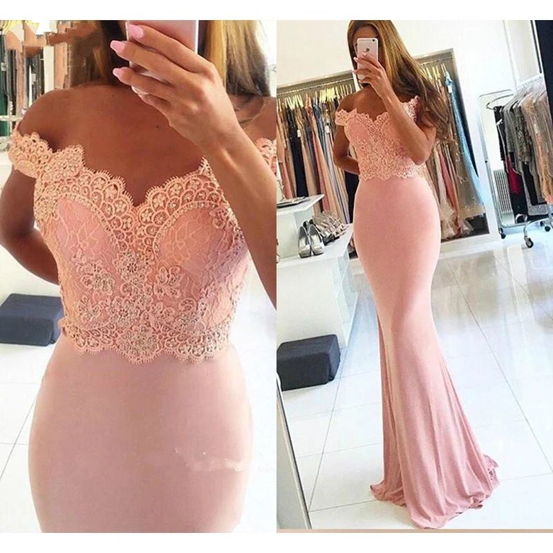

2019 New Blush Pink Mermaid Evening Dresses Off Shoulder Beads Floor Length Formal Evening Gowns Party Prom Dresses Custom Made
