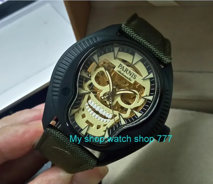 

43MM PARNIS Japanese Golden skeleton Automatic Self-Wind movement Sapphire Crystal luminous men's watches PVD case 406A