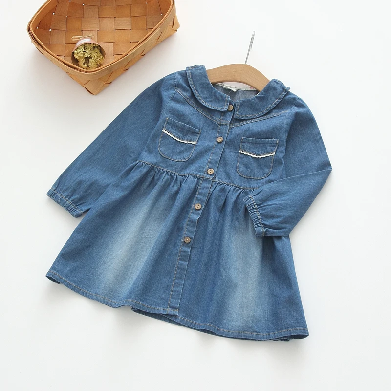 

New Baby Girls Denim Dress Child Turn-down Collar Cotton Dresses Girls Long-sleeve Dresses Kids Dress-style blouses