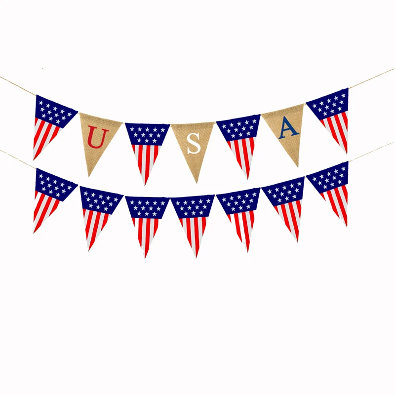 

Linen Hanging Triangular Burlap Banner USA Independence Day Memorial Star Bunting Flag 4th of July Decoration Party Decor