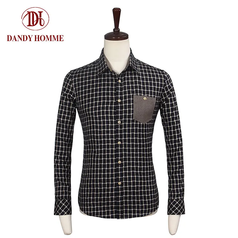DANDY HOMME2016fashion брендовая одежда Осенние футболки с длинными рукавами для мужчин в английском стиле slim fit рубашки для мальчиков однобортный palid Платье с карманом футболки