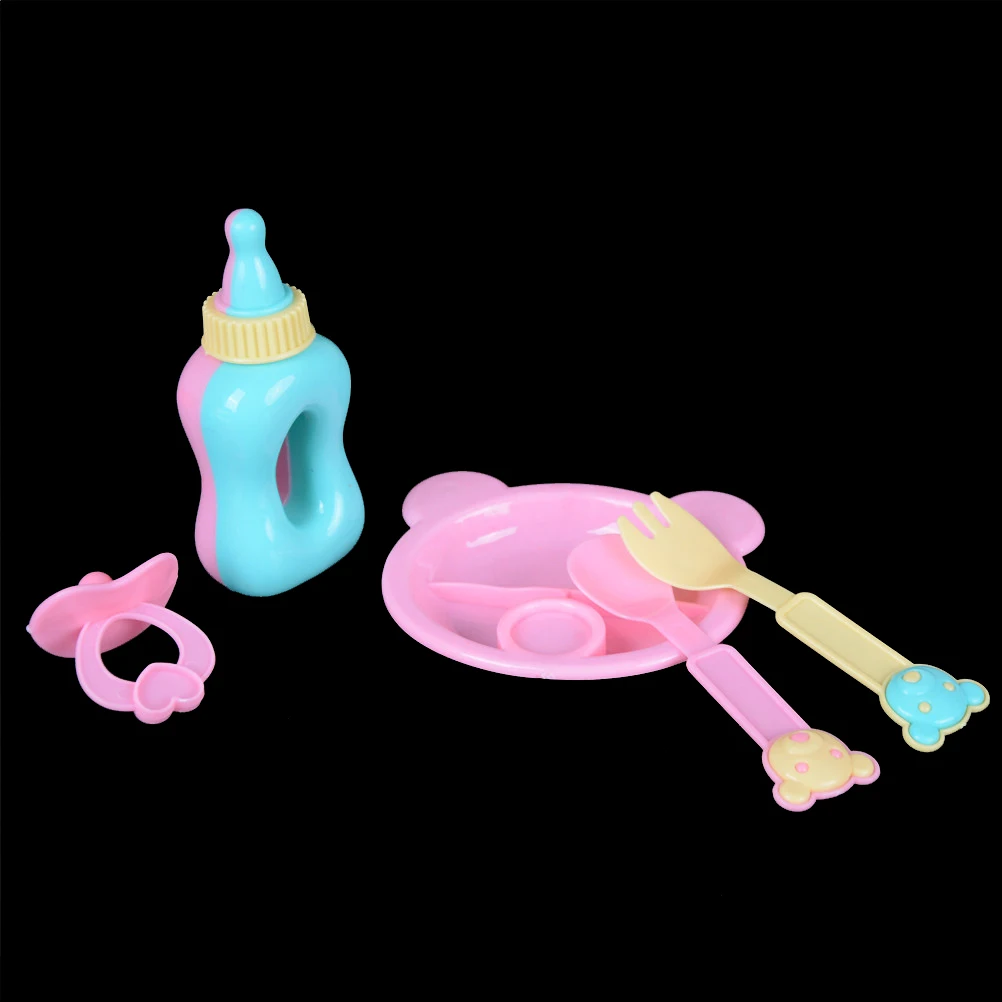 5pcs/set Simulated Doll Tableware Four Sets For 43cm baby Doll Accessories(milk Bottle+forks+nipple+Dinner Plate