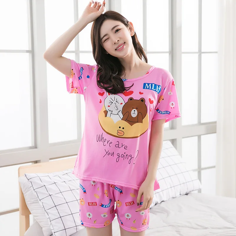 Buy Milk Silk Women Pajamas Brown Bear Cute Pajama Set Short Sleeve Sleepwear