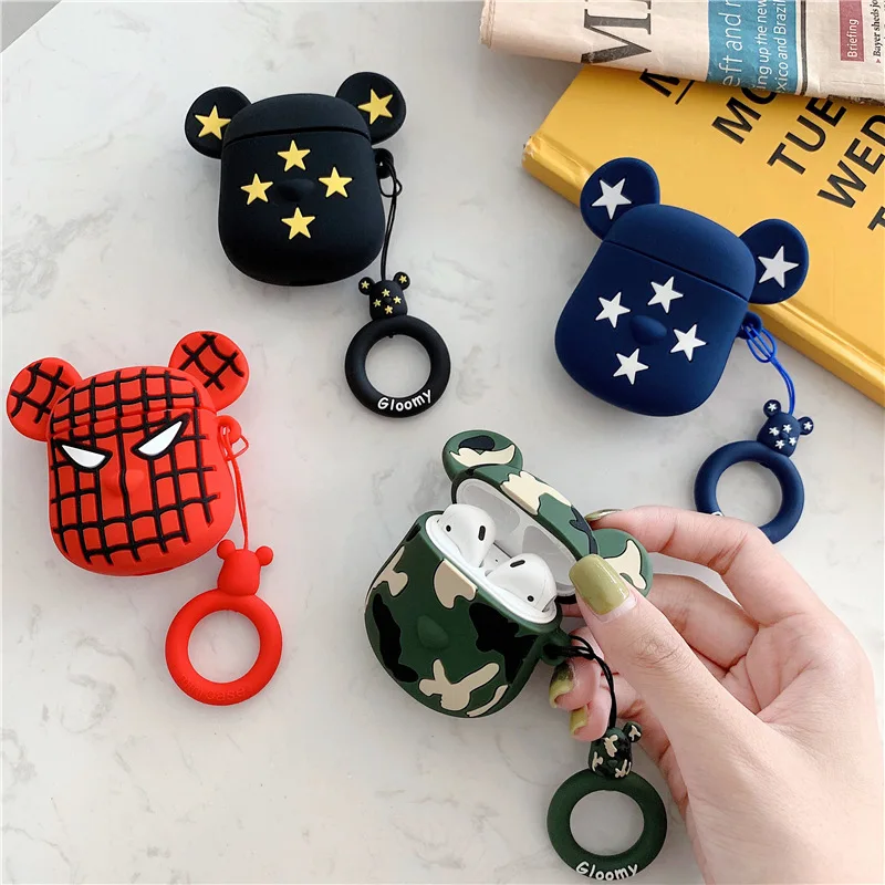 Cartoon Protective Case for AirPods Cute Cover Silicone Bluetooth Earphone Case for Apple Airpods 2 Finger Ring Camouflage Bear