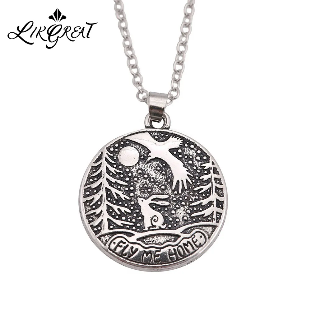 

LIKGREAT Moon Night Tree Eagle Rabbit Pendant Necklace Vintage Animal Bunny Round Necklace Adjustable Link Chain Jewelry Gift