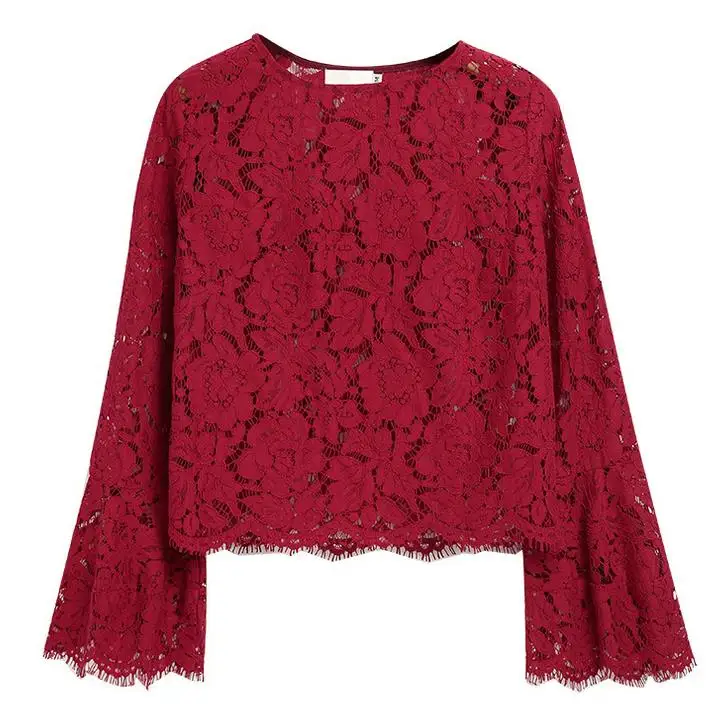 

new women lace shirt flare sleeves hollow long-sleeved shirt