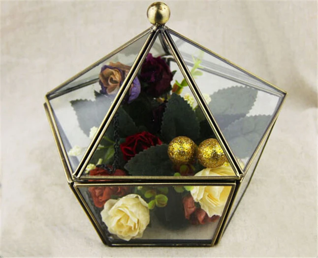Mosazná a skleněná krabička, Pentagon ve tvaru kupolového víka, Vintage šperkovnice, miniaturní terárium, Display Trinket Box, Vintage Home Decor