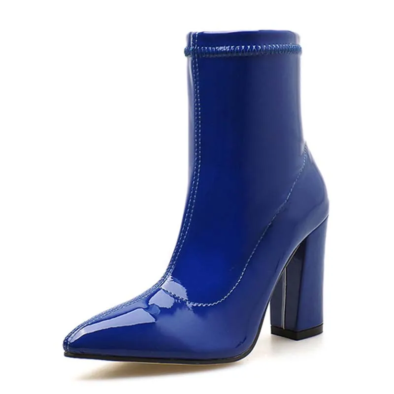 

High Heels Boots Blue Patent Leather Women Ankle Boots 10CM Female Pointed Toe Botas Woman Autumn Boots size 35-40 Shoes