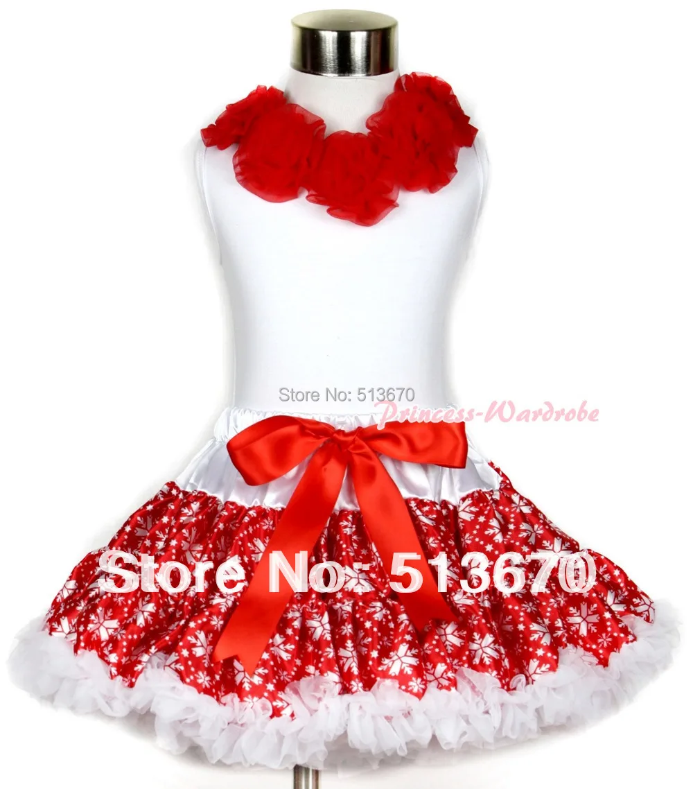 

Xmas White Tank Top with Red Rosettes & Red Snowflakes Pettiskirt MAMG708