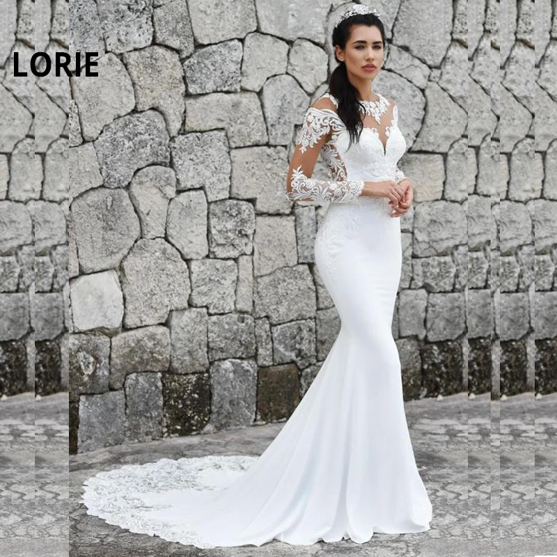 

Свадебные платья LORIE с юбкой-годе, 2019, платья невесты с длинным рукавом, кружевные свадебные платья с аппликацией и круглым вырезом, Турция, индивидуальные платья