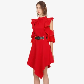 

Self Portrait Dress Ruffles Hollow Out Puff Sleeves Women's Party Belt Dresses 2018 Designer Knee-Length High Quality Vestidos