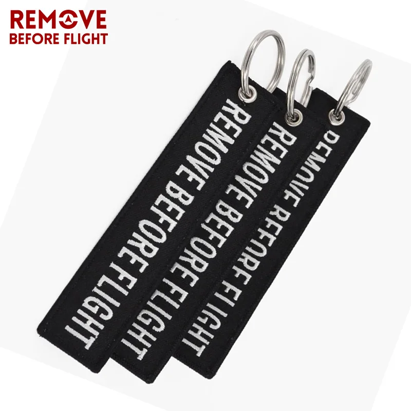 REMOVE BEFORE FLIGHT Keyings Special Luggage Tag Label Black Embroidery Key Ring Chain Aviation Gifts OEM Keychain Key Fobs Easy Reach (2)