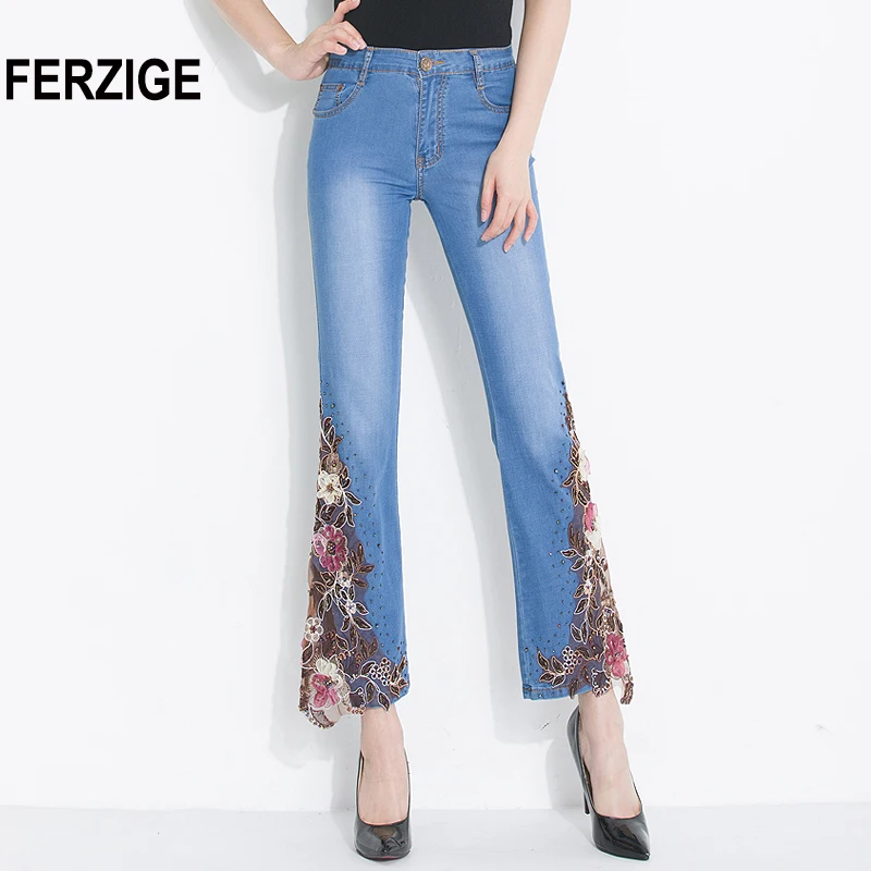 

FERZIGE Women's Jeans summer thin stretch skinny light blue embroidered beaded sexy ladies denim pants push up boot cut mujer 36