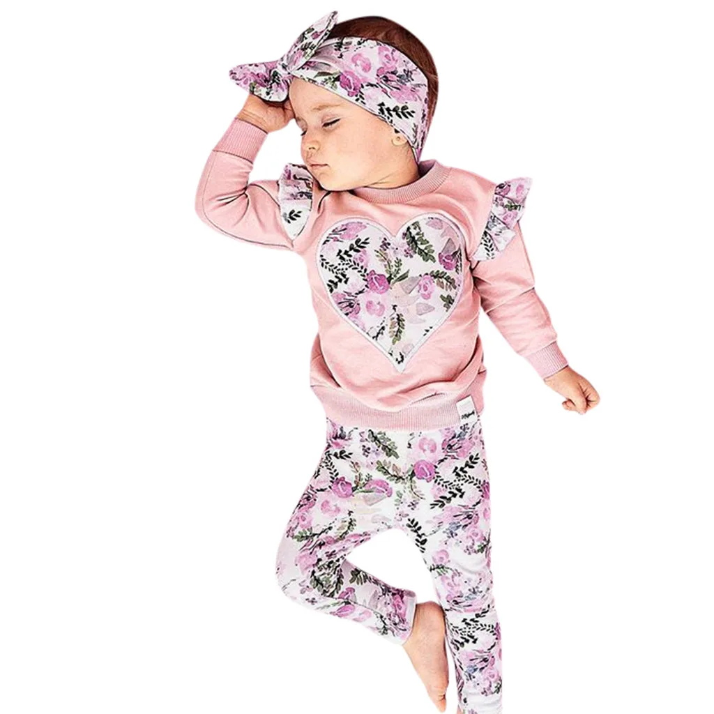Зимний комплект одежды принцессы для девочек, топы с длинными рукавами и оборками с принтом «любовь»+ штаны с цветочным принтом, комплект одежды из 2 предметов