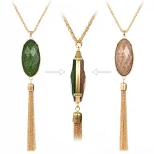 Alloy Tassel Necklace Gold Silver Long Pendant Necklaces for Women 2016 Double Side Oval Stone Resin Statement Necklace Bijoux