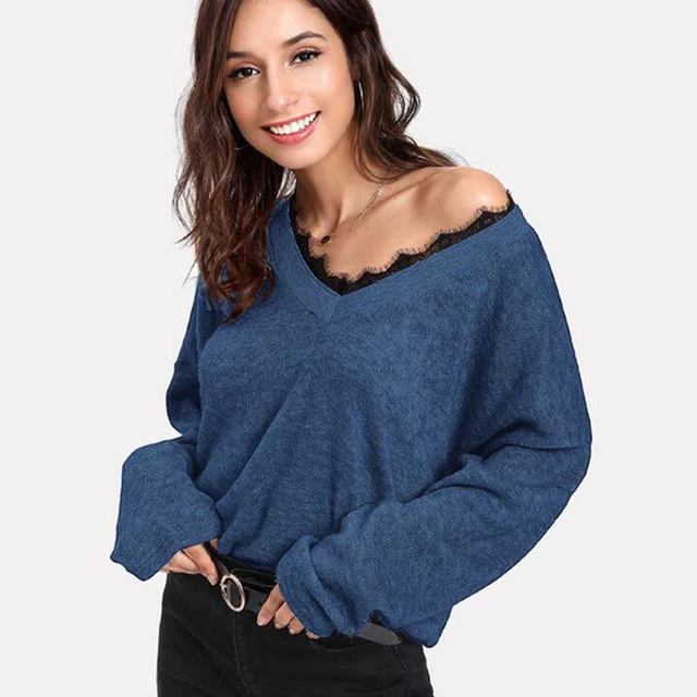 New Solid Eyelash Lace Casual Knitted Sweater 2018 Autumn Green V Neck