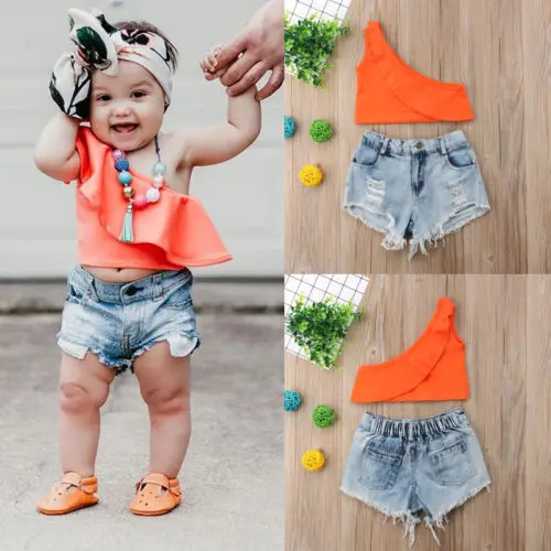 Summer New Baby Girl Clothes Set Kids Girls Off Shoulder Ruffle Orange