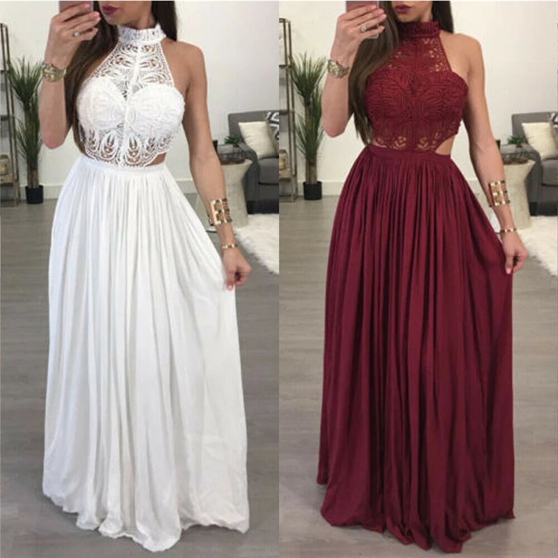 

Fashion Women Boho Lace Sleeveless Off Shoulder Long Maxi Dress Summer Party Evening Beach Maxi Long Sun Dress