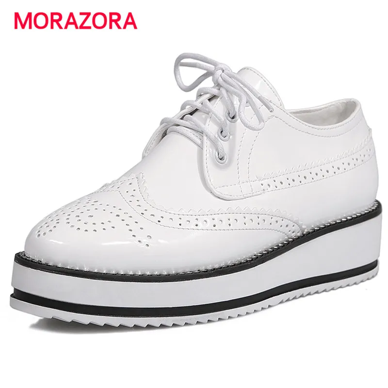 

MORAZORA 2018 New shoes women pumps lace-up solid med heels shoes two colors fashion retro platform shoes big size 34-43