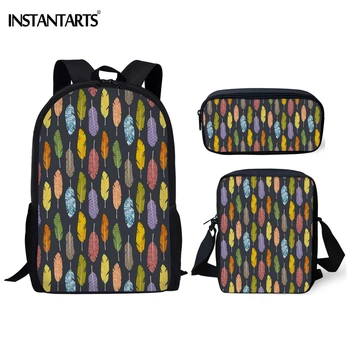 

INSTANTARTS Colorful Feather Printing School Bag Sets Brand Design Zipper Large Shoulder Bags Student Casual Bookbags Mochila