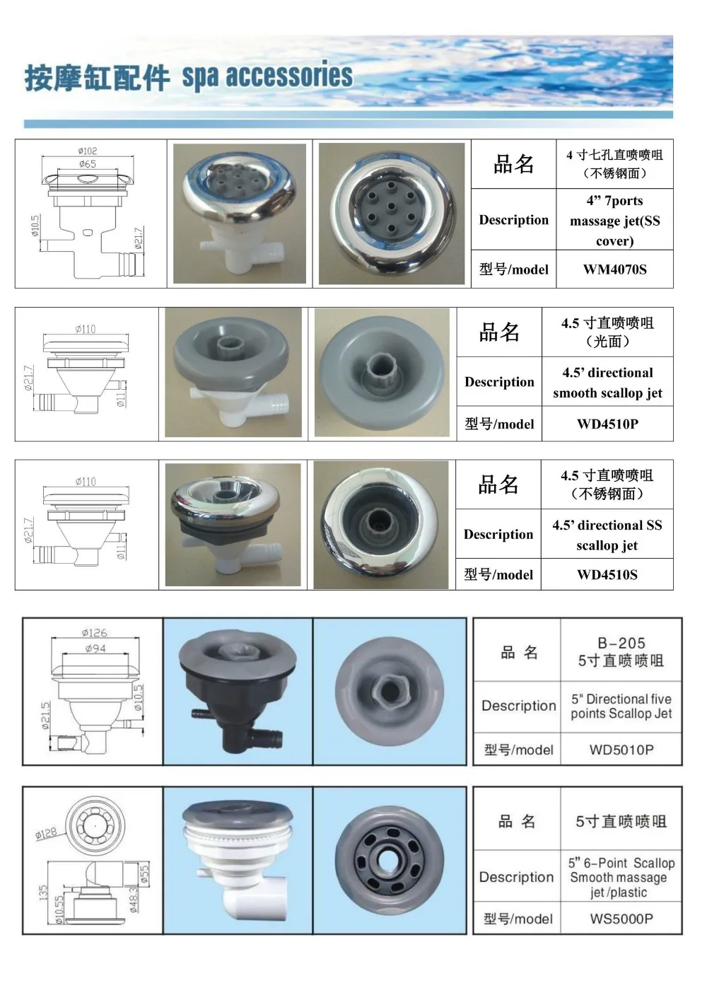 

4.5 inch and 4" swivel rotal hot tub jet, both plastic and stainless steel spa jet, 4.5" rotall jets