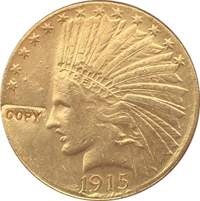 Позолоченная монета с изображением орла 24-к 1915-S $10 Золотая индийская полумонета