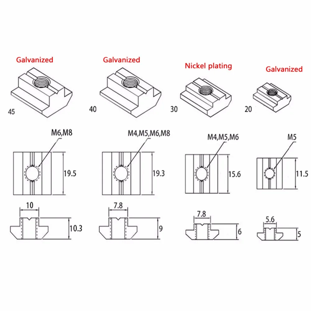 10 шт. T гайка ходового винта с цинковым покрытием пластина /3030/4040/4545 серии M3/M4/M5/M6/M8/M10 Алюминий нить