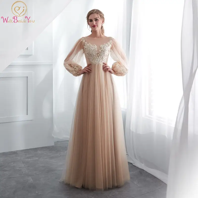 

Long Sleeve 2019 Prom Dresses Long Tull Lace Appliques A Line Champagne Scoop Bridal Elegant Simple Vestido De Formal Evening