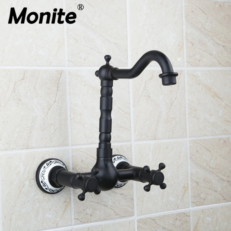 

Doubel Handles Wall Mounted Oil Rubbed Black Bronze Bathroom Faucet Bathtub Torneira Basin Sink Faucet Hot And Cold Mixers &Taps